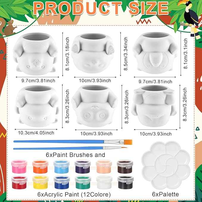 Chuangdi 6 Sets DIY Ceramic Succulent Pots Paint Animal Planters Unpainted Plant Flower Pot Paintable Ceramic Painting Kit Drainage Hole Color Paints Paintbrushes Palettes for Craft Activity