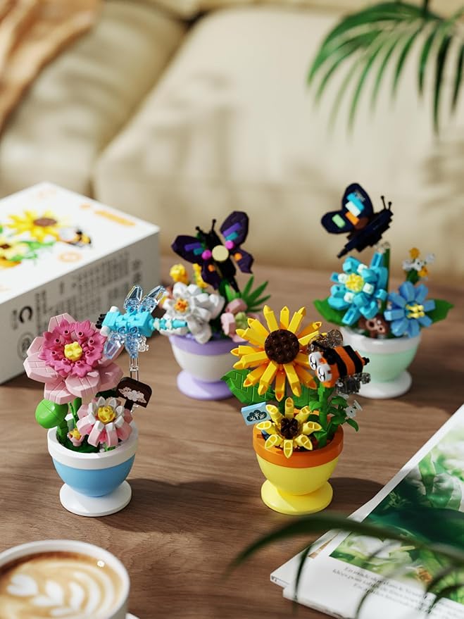 Sacblirr Mini Flower Bonsai with Cute Insects Lotus Dragonfly - DIY Potted Plant Building Blocks for Kids and Adults, Botanical Collection Decor Toy