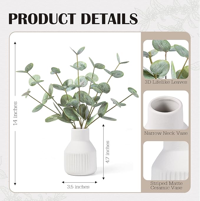 FIACO Artificial Eucalyptus Stems in Ceramic Vase, 14" Fake Plants for Home Decor, Coffee Table Centerpiece Bathroom Shelf Dining Table Farmhouse Faux Greenery Plants Indoor Decorations