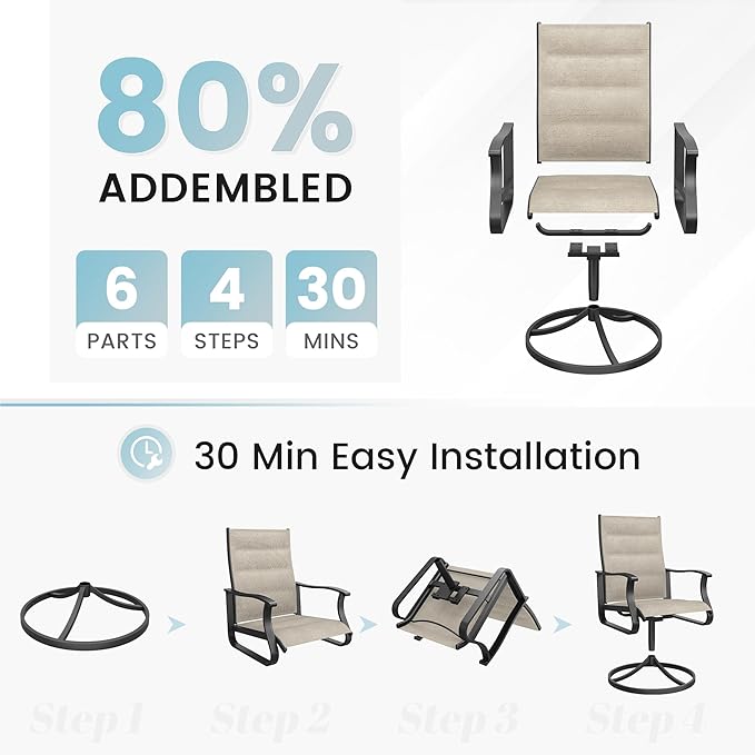 Patio Swivel Chairs Set of 6, Outdoor Dining Chairs with High Back, 360° Swivel Rocker Chair in All-Weather Padded Textilene & Metal Frame for Garden, Porch, Backyard, Balcony(Padded Beige)