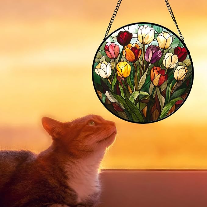 Stained Glass Window Hanging Colorful Tulip Large 15" - Flower Suncatcher Door Garden Sun Catcher Home Plant Decor Birthday Mother's Day for Mom Woman Friend Nana Colleague