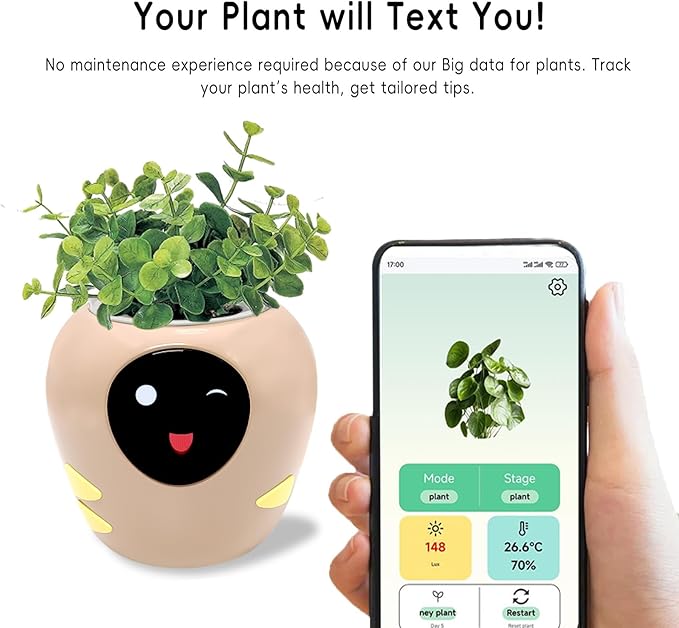 Odpaltoy Smart Plant Pot with Expression, AI Intelligent Flower Pot for Indoor Decoration, Smart Garden Pot with Water/Light/Temperature Sensors, Ivy AI Planter (Pink（Big）)