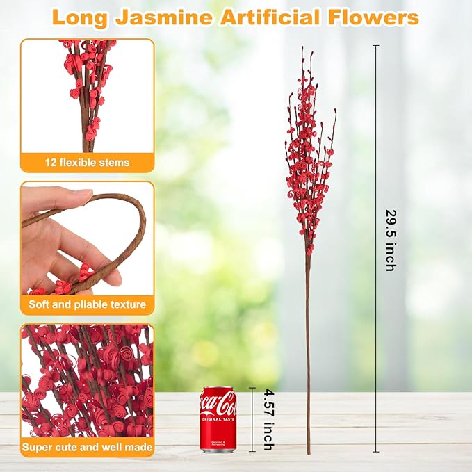 5 Pcs Valentine's Day Flowers Artificial Red Flowers 29.5" Long Stems Patriotic Picks with Mini Red Berry for DIY Floral Art Plant Wedding Home Office Table Decorations