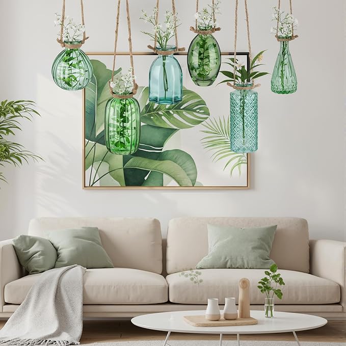 Teecyhooo 6 Pcs Stained Glass Hanging Vases Colorful Glass Terrariums with Rope Small Hanging Planters Pot Containers for Air Plants Flowers Garden Home Wedding Decor(Green Series)