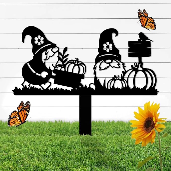 Magilab Personalized Iron Yard Stake - Christmas Cute Gnome Dwarves Decor, 8-Inch Black Metal Garden Sign for Outdoor (Style C)
