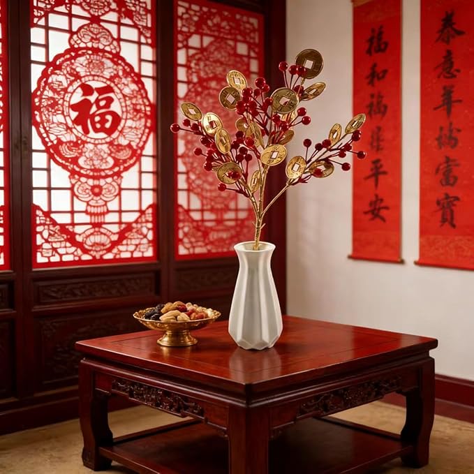 KYMY Chinese & Vietnamese Lunar New Year Artificial Berry Branch – 2026 Red Holly Berries Stems with Gold Fortune Coins, 23.6 Inch Spring Festival Floral Picks for Vase Table Home Decor