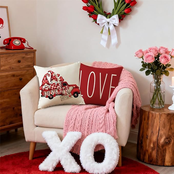 NIGHTWISH Valentine's Day Pillow Covers 16x16 Set of 4 Love Heart Truck Gnomes Valentines Day Decorations XOXO Wedding Throw Cushion Case for Sofa Couch