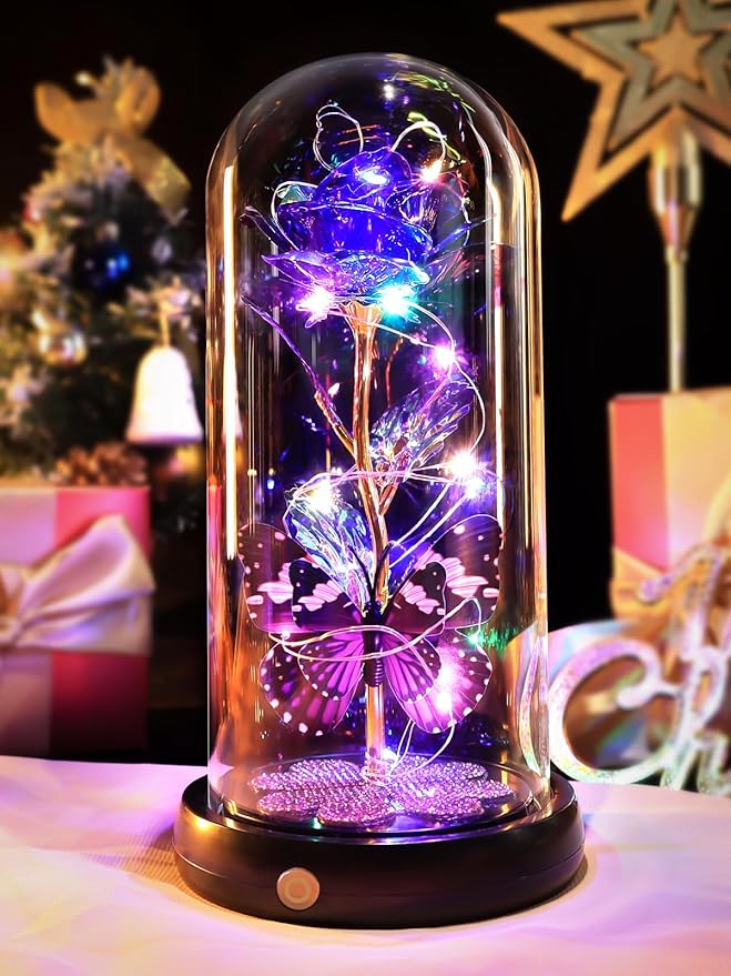 Valentines Day Rose Gifts for Her Birthday Gift for Women Rechargeable Galaxy Glass Rose in Glass Dome Crystal Roses Flowers Butterfly Valentine Gifts for Women Daughter Mom Wife Girlfriend Purple
