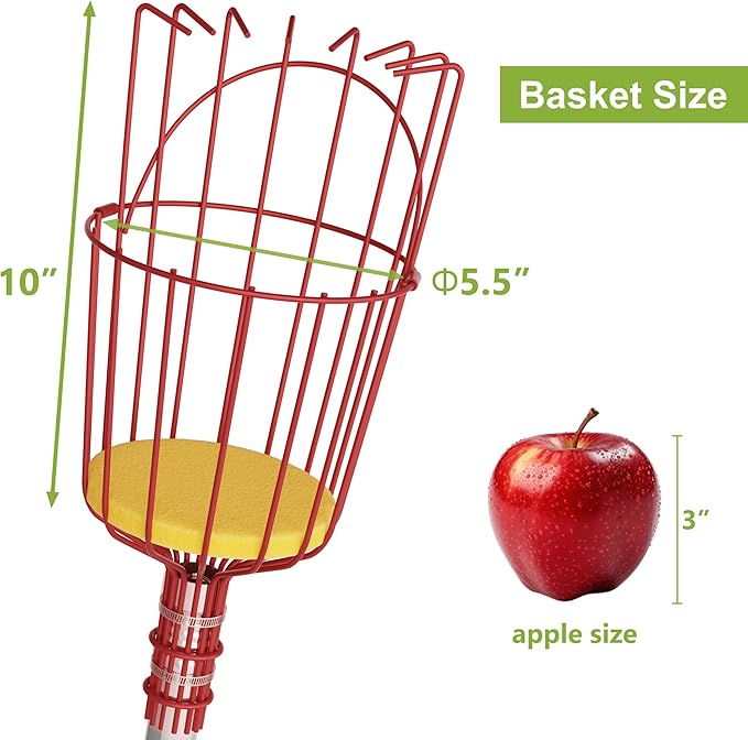 Fruit Picker Tool 6 ft, Extendable Fruit Picker Pole with Basket Telescoping, Apple Fruit Tree Picker Pole with Stainless Steel Pole for Mango, Orange, Fig, Lemon