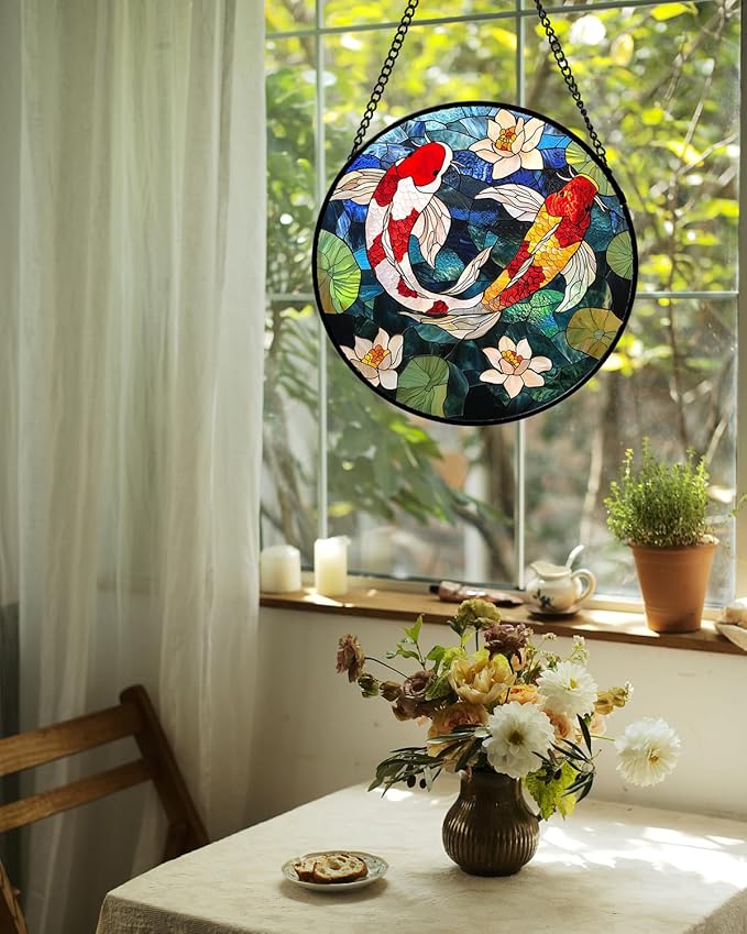 AMDERVEN Stained Glass Window Hanging, Koi and Lotus Sun Catcher for Door Home Decor Fish Suncatcher Christmas Mother's Day Birthday Gifts for Women Men Mom and Nana 9.8 in