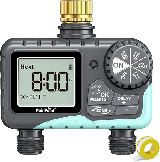 RAINPOINT Sprinkler Timer 2 Outlet, Water Timer for Garden Hose, for Yard Outdoor Watering, Rain Delay/Manual/Automatic System Controller Brass Inlet, V2