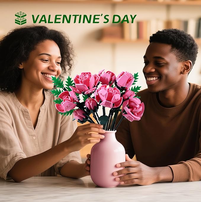 Pink Rose Flower Building Set-10pcs Roses & 2pcs Leaves Botanical Collection, Artificial Flowers for Home Décor, Rose Bouquet Building Kit for Valentine’s Day Christmas Birthday Anniversary (No Vase)