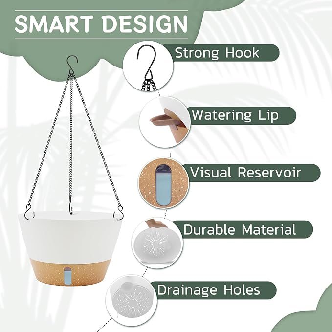 ZMTECH 12 Inch Hanging Planters for Indoor, 3 Pack Large Hanging Plant Pot with Visible Water Level and Chain, Self Watering Hanging Flower Pot for Outdoor Garden Porch(White)