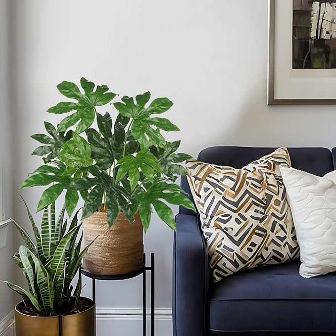 Hollyone 2PCS Artificial Fatsia Jaonica Leaves 30.7" Fake Tropical Monstera Bushes Tree Leaf Large Faux Greenery Stem Shrub for Indoor Outdoor Home Garden Arrangement Jungle Safari Wedding Party Decor