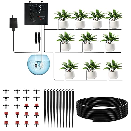Automatic Watering System for Indoor Plants, DIY Drip Irrigation Kit with Timer for Potted Plants,Self Watering Device for Garden, Greenhouse & Vacation Plant Care (10 pots, Adjustable dripper)