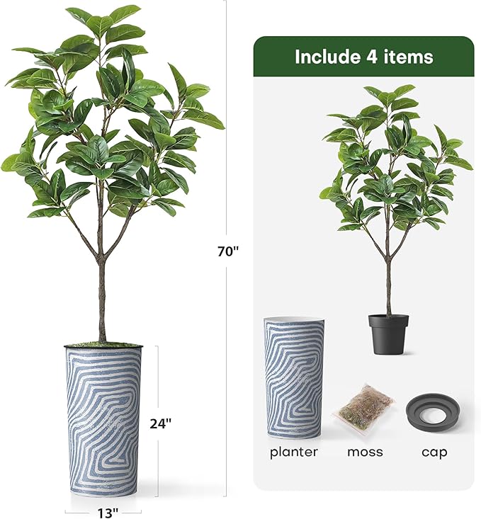 Artificial Tree in Contemporary Geometric Pattern Planter, Fake Rubber Silk TRE for Indoor and Outdoor Home Decoration - 70" Overall Tall (Plant Pot Plus Tree)
