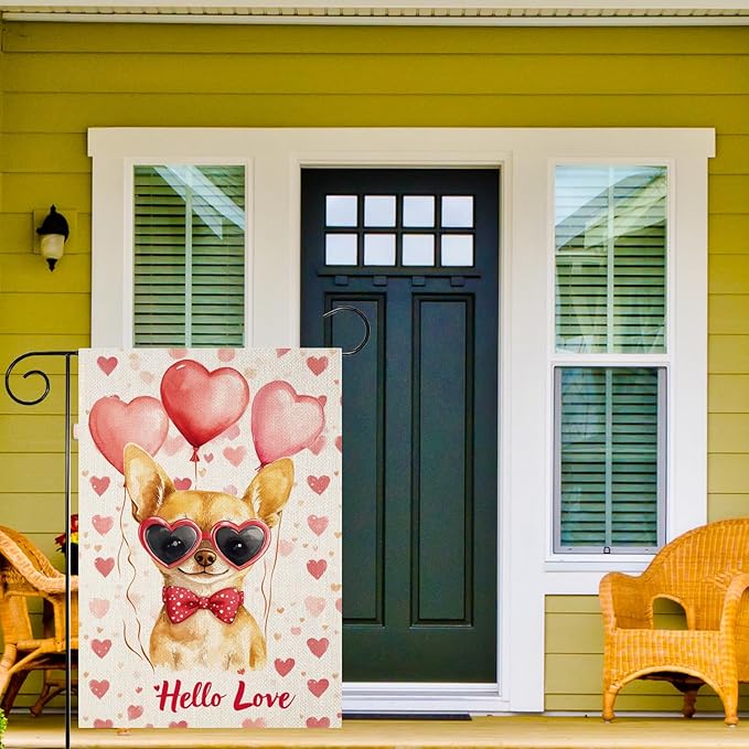 Valentine's Day Chihuahua Hello Love Garden Flag, House Yard Plaid Love Heart Outside Decoration, Spring Holiday Wedding Anniversary Outdoor Small Decor 12x18(12642)