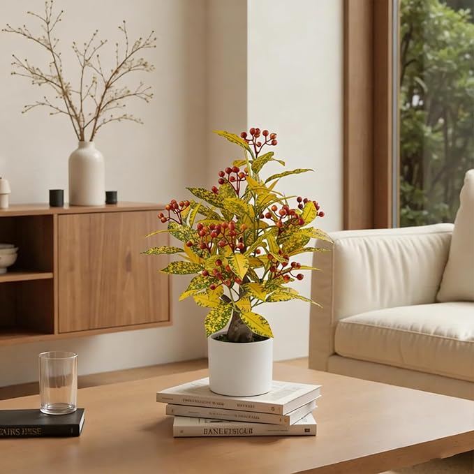 24" Artificial Greenery Tree with Pot, Indoor Fake Green Plant Small Faux Berry Branches Green Potted Tree Stems for Tabletop Kitchen Livingroom Bedroom Bathroom Home Office Decor (Orange-red Berry)