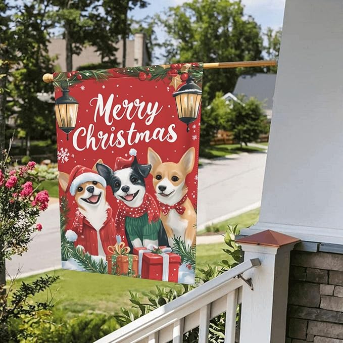 Christmas Dogs Garden Flag 12x18 Inch Double Sided All-Weather Polyester Outdoor Flag For Patio Lawn Yard And Garden Welcome Decor