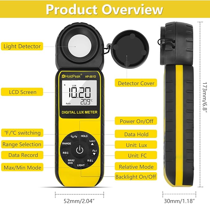 HOLDPEAK 881D Illuminance Light Meter, Digital Lux Foot Candles Meter 0.1~400,000 Lux (0.1~40,000 FC) with 270º Rotatable Detector, Par Meter Luxmeter for Plants LED Lights Indoor Outdoor Light Tester