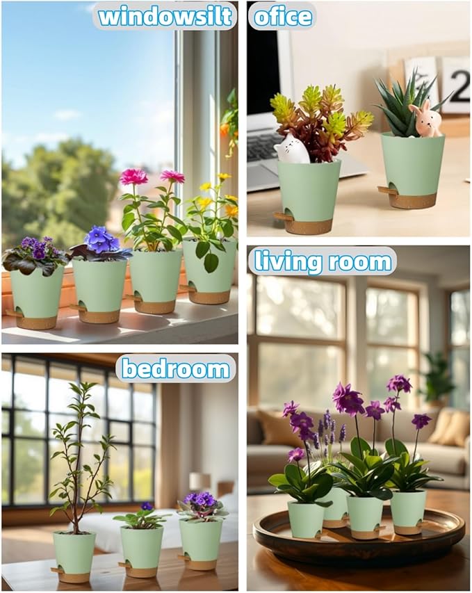 zople 12 Pack 4 Inch Self Watering Plant Pots with Drainage and Saucers，Plastic Flower Pots for Indoor and Outdoor Plants, Nursery Planters for Houseplants and Herbs Green Brown, 4 inch 12pcs