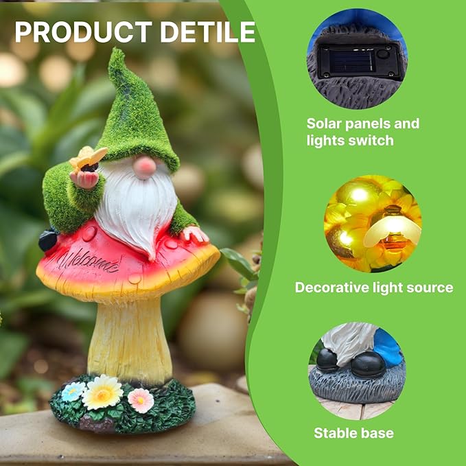 Garden Gnome Statues Decor with Solar Lights, Outdoor Decorations for Yard Porch Lawn Balcony Patio, Housewarming Gifts