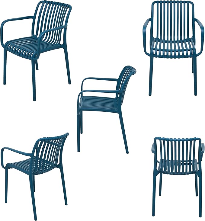 4 x Outdoor Stackable Dining Chair, All-Weather Plastic Patio Chair, Pool Side Chair, Modern Slatted Design for Balcony, Garden, Backyard, Indoor & Outdoor Use (Armrest, Teal Blue)