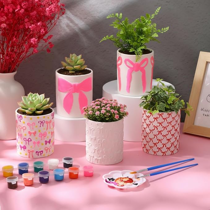 Zubebe 12 Pcs Paint Your Own Valentines Bow Ceramic Pots Bulk Unfinished Succulent Pots Painting Kit with Drainage Hole Mini Paintable Plant Vase Ready to Paint Planter for Valentines DIY Craft