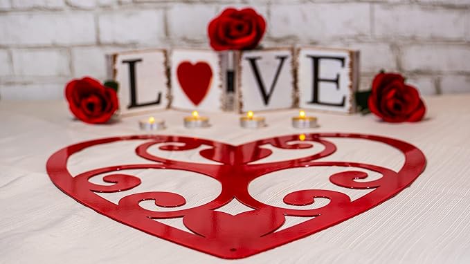 RealSteel Elegant Heart Metal Wall Art – Romantic Home Décor Sign – Valentine’s Gift for Her & Him – Modern Love Wall Decor for Couples, Weddings, Anniversaries, Bridal Showers & Birthdays, 12", Red