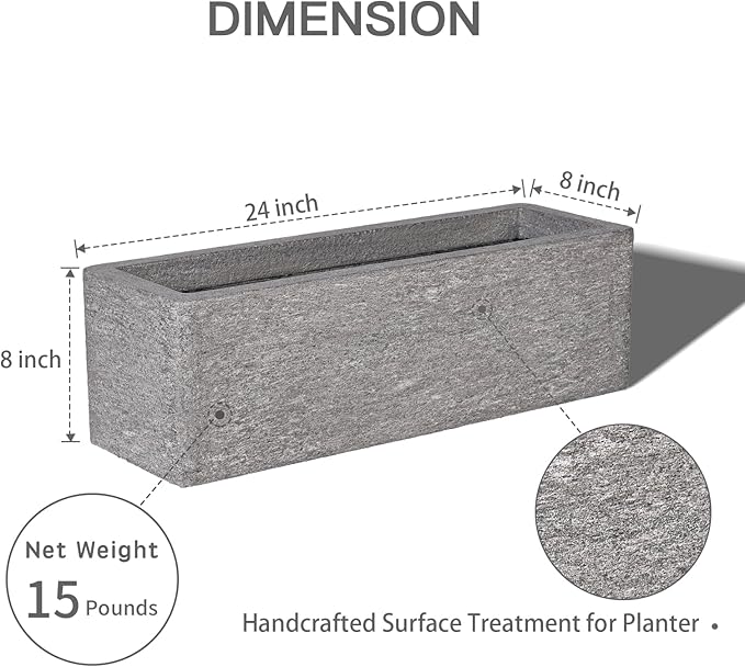 TerraDeco 24 Inch Rectangular Concrete Planter,Durable All-Weather Use with Drainage Holes,Large Rectangular Planter for Outdoor Indoor Plants