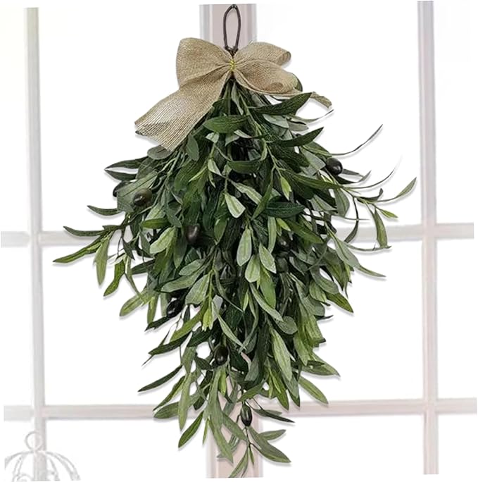 Olive Wreath 24 Inch Artificial Olive Wreaths for Front Door Hanging Teardrop Swag Greenery with Burlap Bow for Front Door Wall Wedding Arch