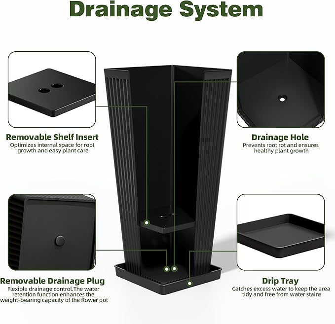 Trygoal Square Tall Planters for Outdoor Plants Set of 2-23.6" Modern Tapered Indoor Flower Pots with Drainage Holes/Partition/Tray, Large Outdoor Planters for Porch Patio Garden Front Porch, Black