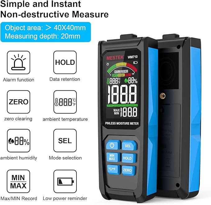 MESTEK Pinless Wood Moisture Meters for Drywall, Water Leak Detector, Wall Moisture Tester for Lumber Concrete Building, Wall Moisture Sensor Digital Humidity Tester for Firewood