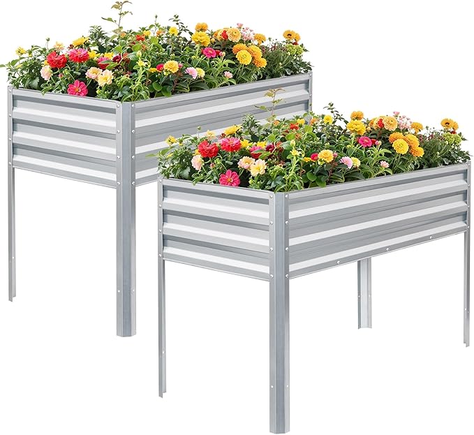 1MORE Elevated Raised Garden Bed with Legs, 48×24×32in Large Metal Raised Bed for Backyard, Patio, Balcony. Raised Planter Box with Drainage Holes for Plants Vegetables Flowers Fruits(Sliver-2pcs)