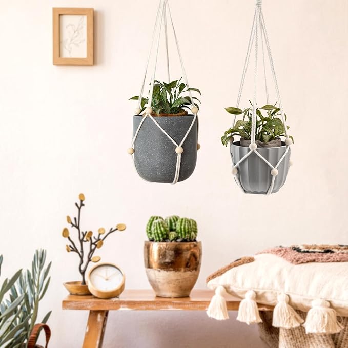 Artilady Hanging Planter for Indoor Plants Macrame Plant Hanger Large Hanging Plant Holder with Adjustable Beads Plants Basket White Rope Boho Plant Wall Decor (White Bead)