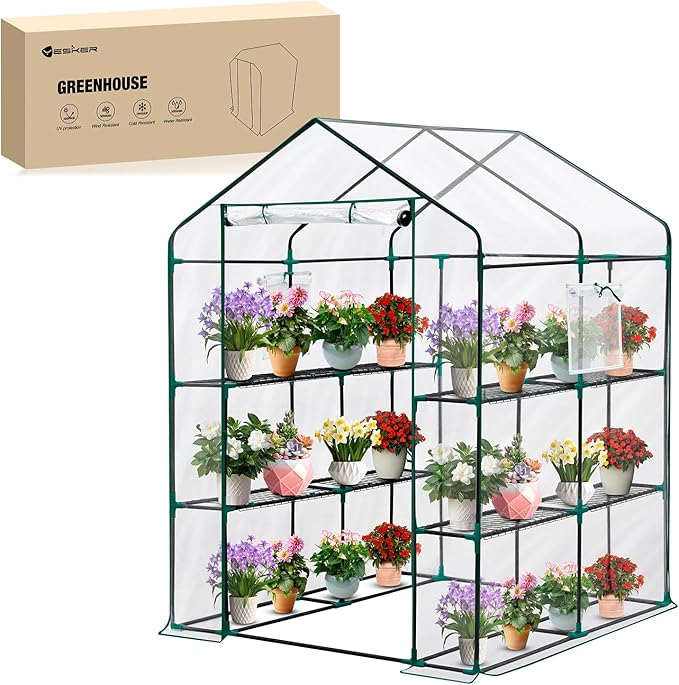Yesker Greenhouse 57.5"x57"x77" Walk In Green House - Large Outdoor/Indoor Greenhouses with 8 Shelves Waterproof PVC Cover & Windows, Portable Greenhouse Kit for Winter Backyard Gardening Patio, Clear