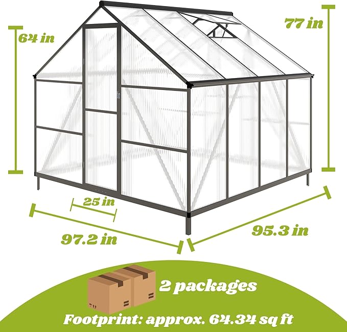 8x8 FT Greenhouses for Outdoors, Polycarbonate Greenhouse with PC Panels, Greenhouses for Outdoors for Yard, Garden, Hobby, Dark Grey