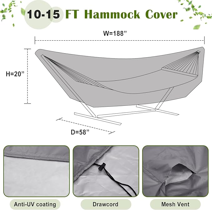 Tranqun 14-15 ft Hammock Cover 188" W x 58" D x 20" H Heavy Duty 420d Oxford Weather Resistant Cover Waterproof Protection for Hammock Stand Outdoor Garden, Buckle Strap, Double Stitched Seams(Gray)