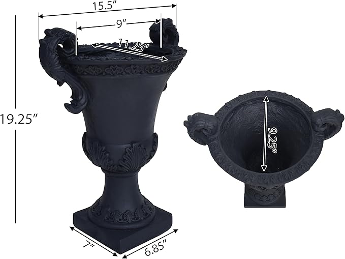 Merax 19.25'' Tall Elegant Roman Style Lightweight Concrete Planter with Botanical Accents, Square Indoor Outdoor Flower Pot with Drainage Hole & Stopper, Black