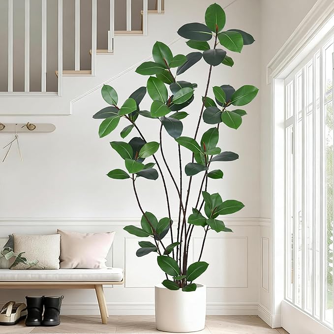 Artificial Green Rubber Tree 7FT with 68 Glossy Leaves & 10 Heads & Black Pot Lifelike Tall Large Faux Tropical Ficus Elastica Plant 84 Inch for Indoor Home Office Store Corner Modern Decor