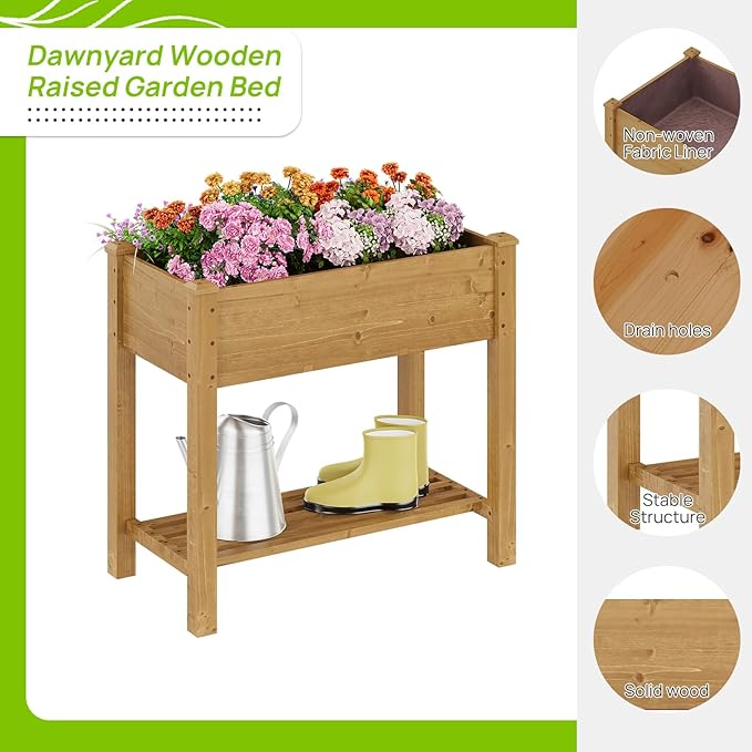 Raised Garden Bed, Planter Box with Storage Shelf, Elevated Wooden Planter Box with Legs, Garden Planter for Backyard, Patio, Balcony, Natural Wood (Brown, S)