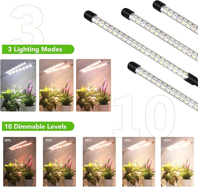 GROWSTAR Plant Lights for Indoor Growing, Full Spectrum 4 Heads Clip Grow Lamps with 10 Feet Cables for Seeding Blooming and Fruiting(2 Pack)