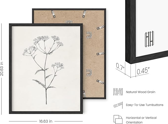 HAUS AND HUES Grey Floral Wall Art - Set of 4 Plant Posters for Wall Vintage, Botanical Prints, Black and White Flower Pictures for Room Aesthetic, Farmhouse Bathroom, Rustic Art (Black Frame, 16x20)