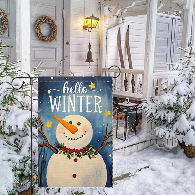 Winter Snowman Garden Flag Double Sided 12x18 Inch Small Burlap Outdoor Yard Decoration Seasonal Holiday Welcome Banner