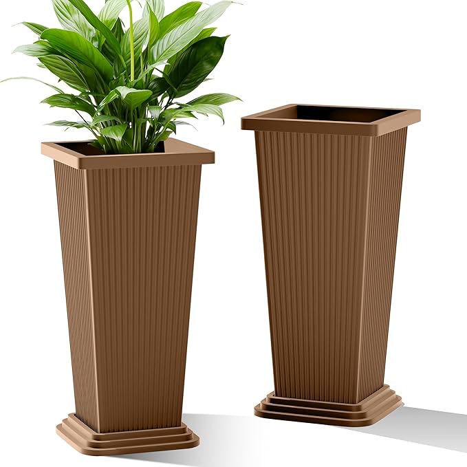 TUYOHW 24 Inch Tall Tapered Square Planters (Set of 2) - Indoor Outdoor Large Flower Pots with Built-in Drainage & Matching Water Tray for Patio, Garden, Home - Brown