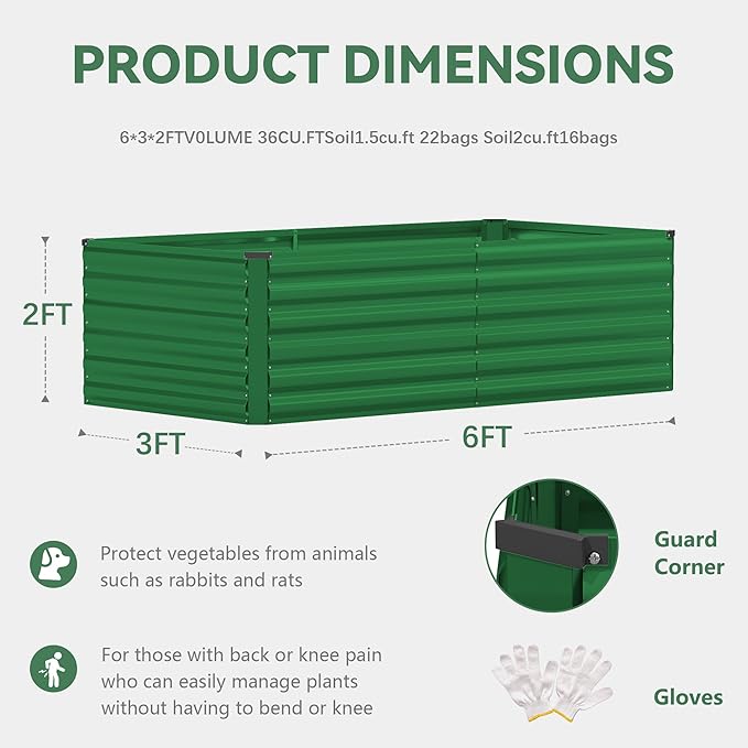 FOOWIN 2pcs 6x3x2ft Galvanized Raised Garden Bed, Planter Raised Garden Boxes Outdoor, Large Metal Raised Beds for Gardening, Garden Bed for Vegetables, Flowers, Herb,269 Gallon Capacity, Green