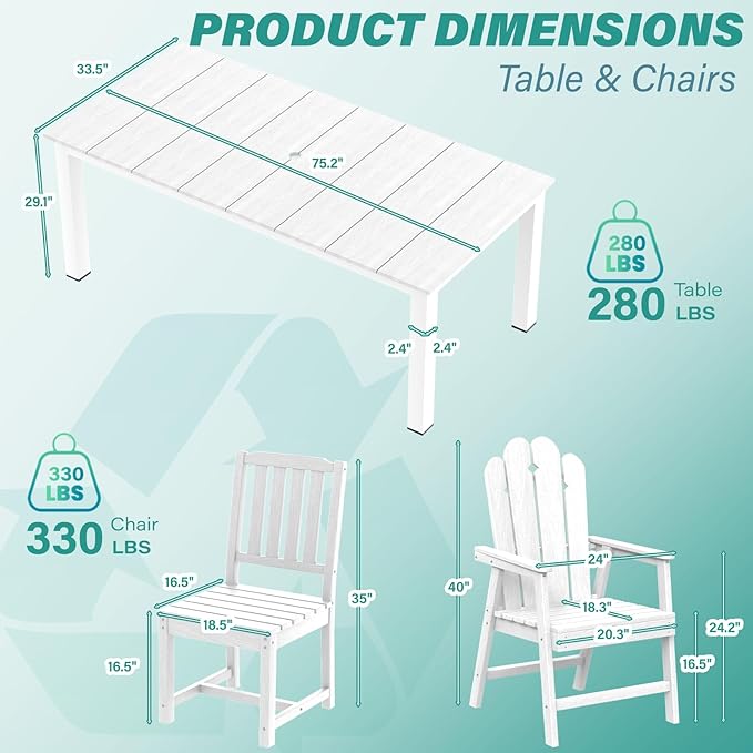 9-Piece Patio Dining Set, Outdoor Dining Set for 8, HDPE All-Weather Outdoor Furniture with 75.20” Umbrella Hole Table, 2 Armchairs & 6 Armless Chairs, White
