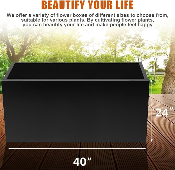 Meyoppm Metal Planter Box 40"x16"x24", Rectangular Steel Planter Box Frost Proof Rust Resistant Indoor&Outdoor, Heavy Duty Steel Planters for Commercial and Residential Use, Black