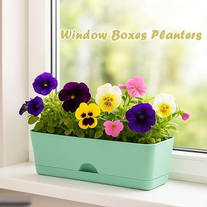 6-Pack Large Window Boxes Planters 16 Inch Rectangle Plant Box Rectangular Plant Pots for Outdoor and Indoor Plants Plastic Windowsill Planter for Herbs Vegetable Flowers Long Window Sill Planters