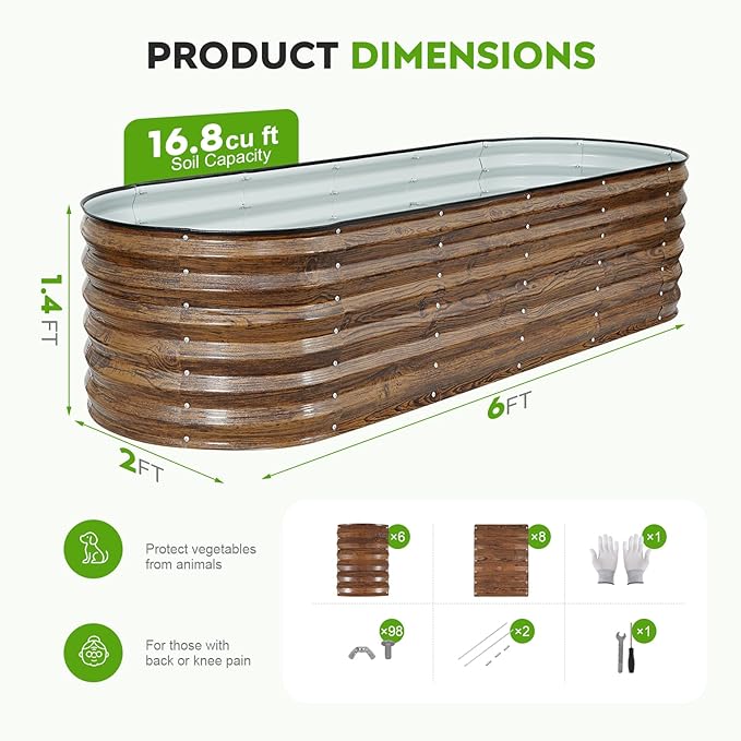 ZORMY Galvanized Raised Garden Bed Outdoor- 8x2x1.4ft Oval Steel Raised Beds for Gardening, Metal Planter Box with Protective Strip and Gloves for Vegetables, Flowers, Fruits(Brown)